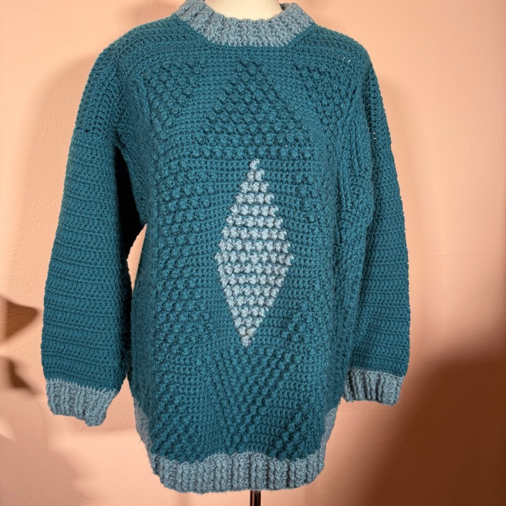 Vintage eclectic grandpa handmade teal popcorn knit oversized sweater large